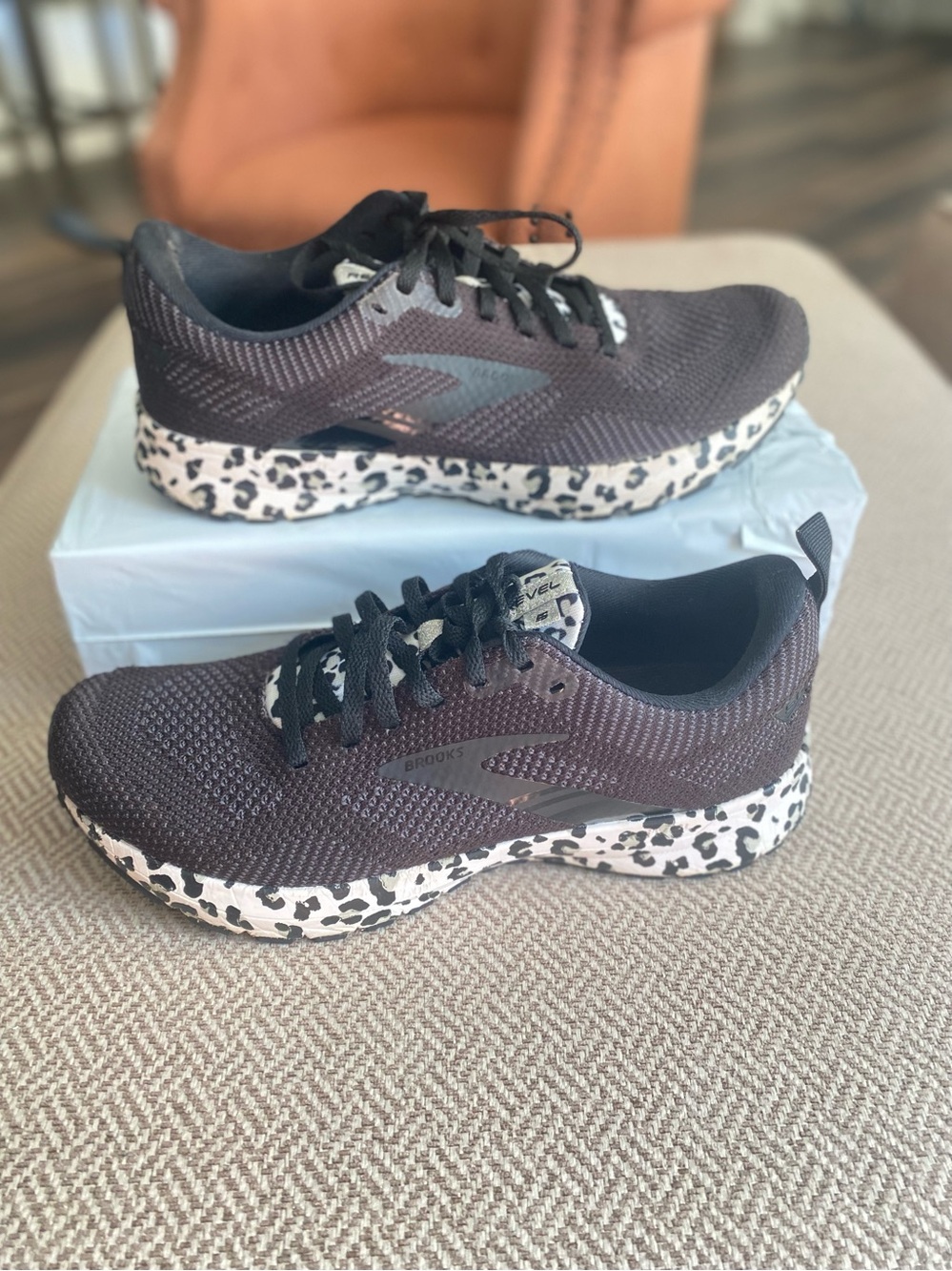 Brooks Women’s Black Sneakers with White and Black Leopard-Print Sole